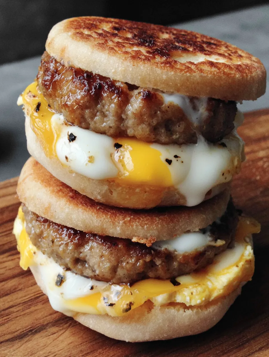 A stack of three sausage, egg, and cheese muffins.