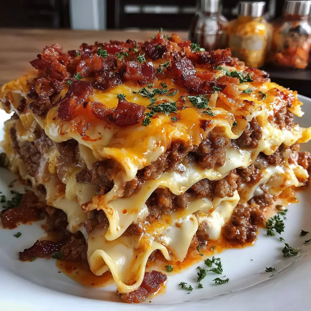 A plate of food with the name Parmesan Garlic Bacon Cheeseburger Lasagna on it.
