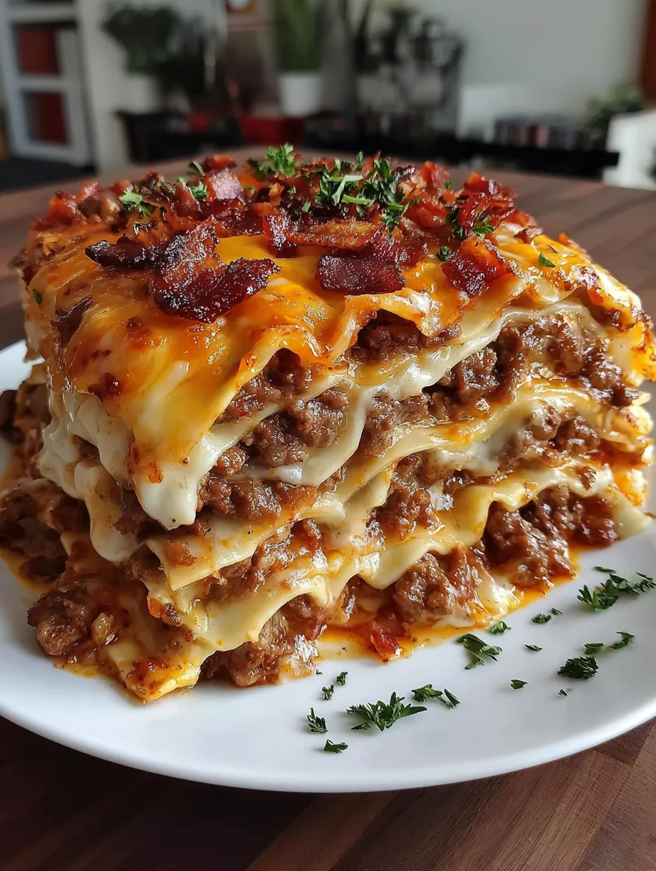 A plate of Parmesan Garlic Bacon Cheeseburger Lasagna.