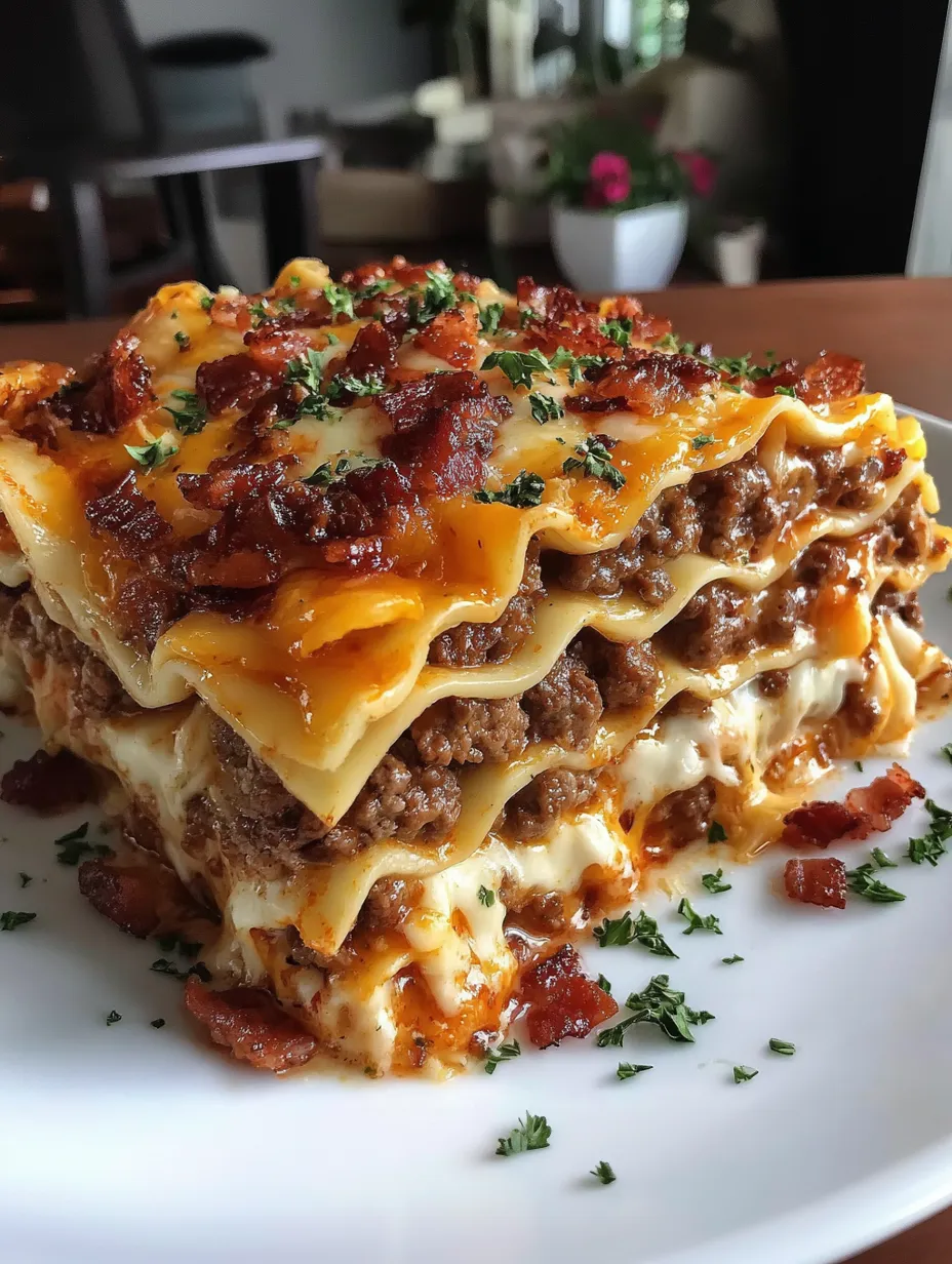 A plate of Parmesan Garlic Bacon Cheeseburger Lasagna.