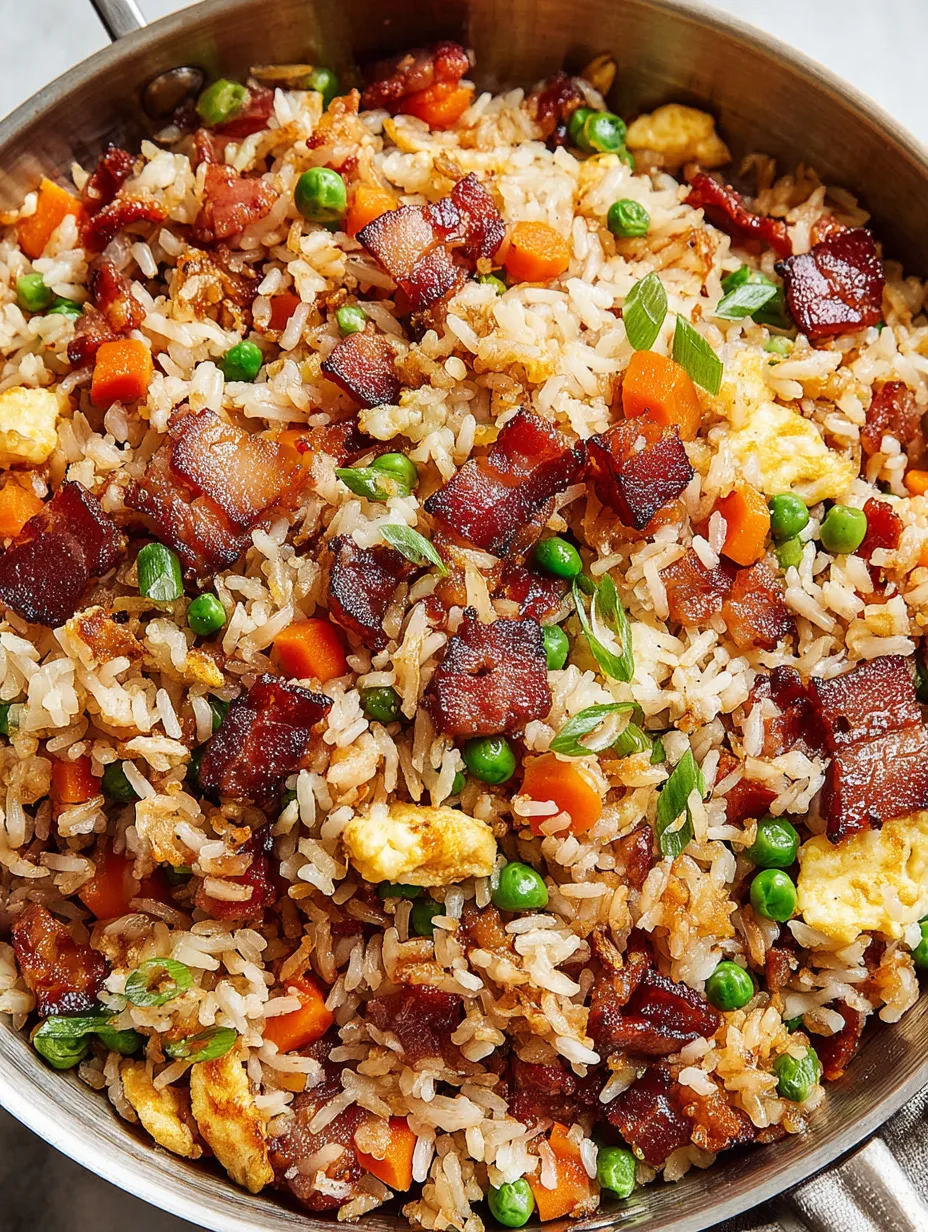 A bowl of fried rice with peas and bacon.