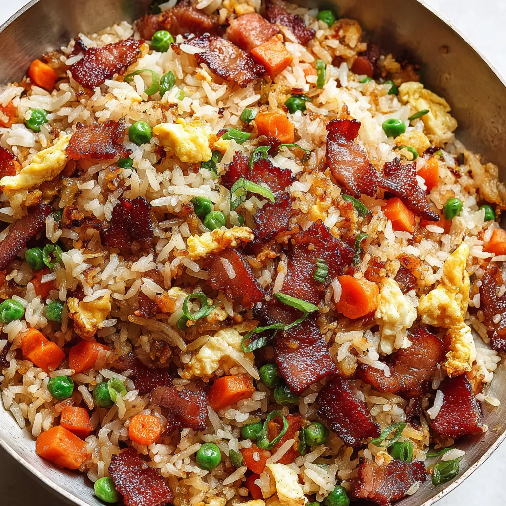 A bowl of fried rice with bacon.