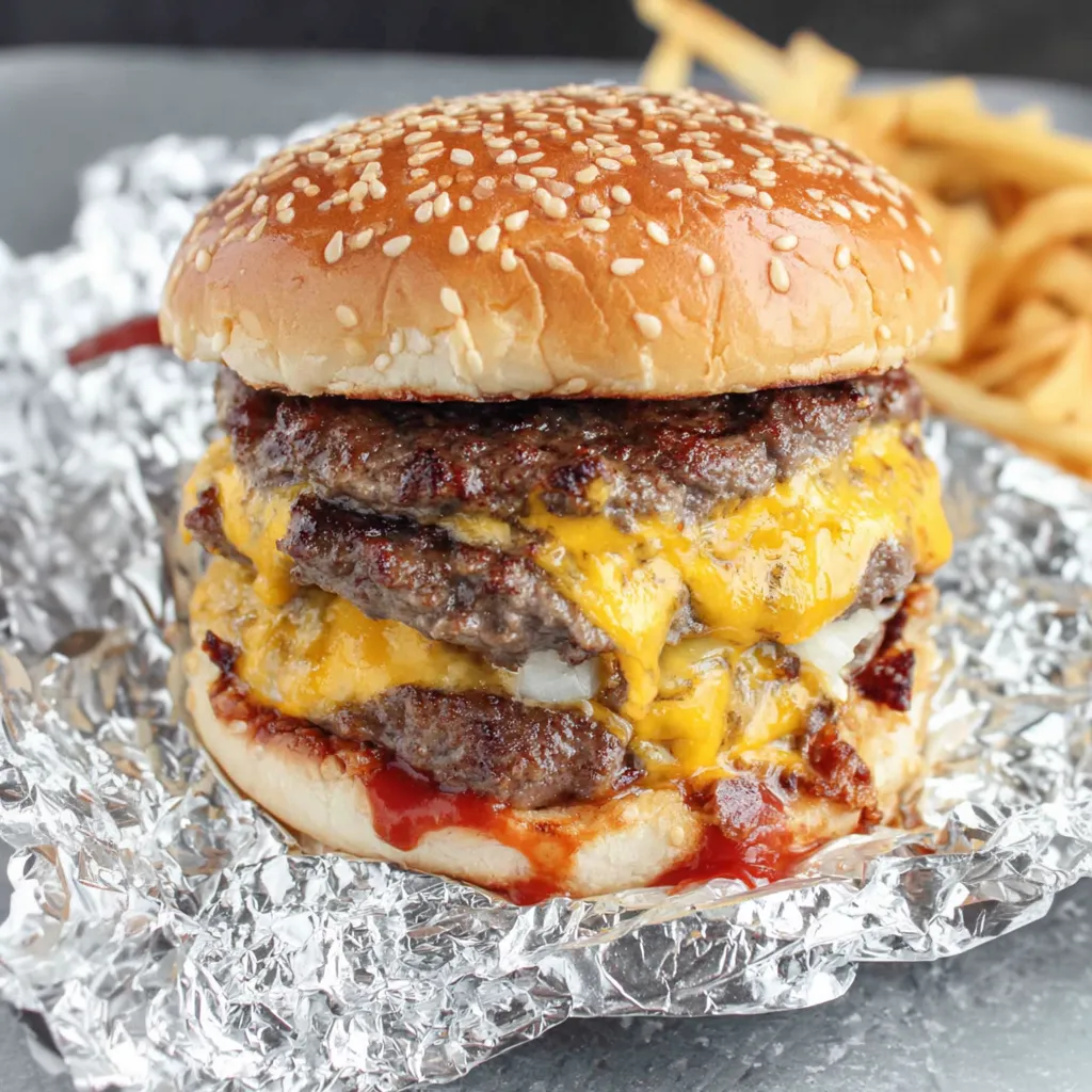 A burger with cheese and ketchup on a bun.