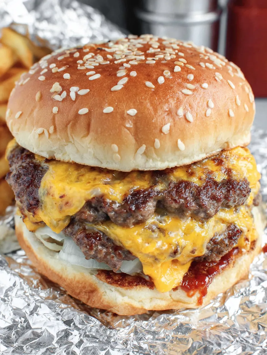 A close up of a burger with cheese and onions.