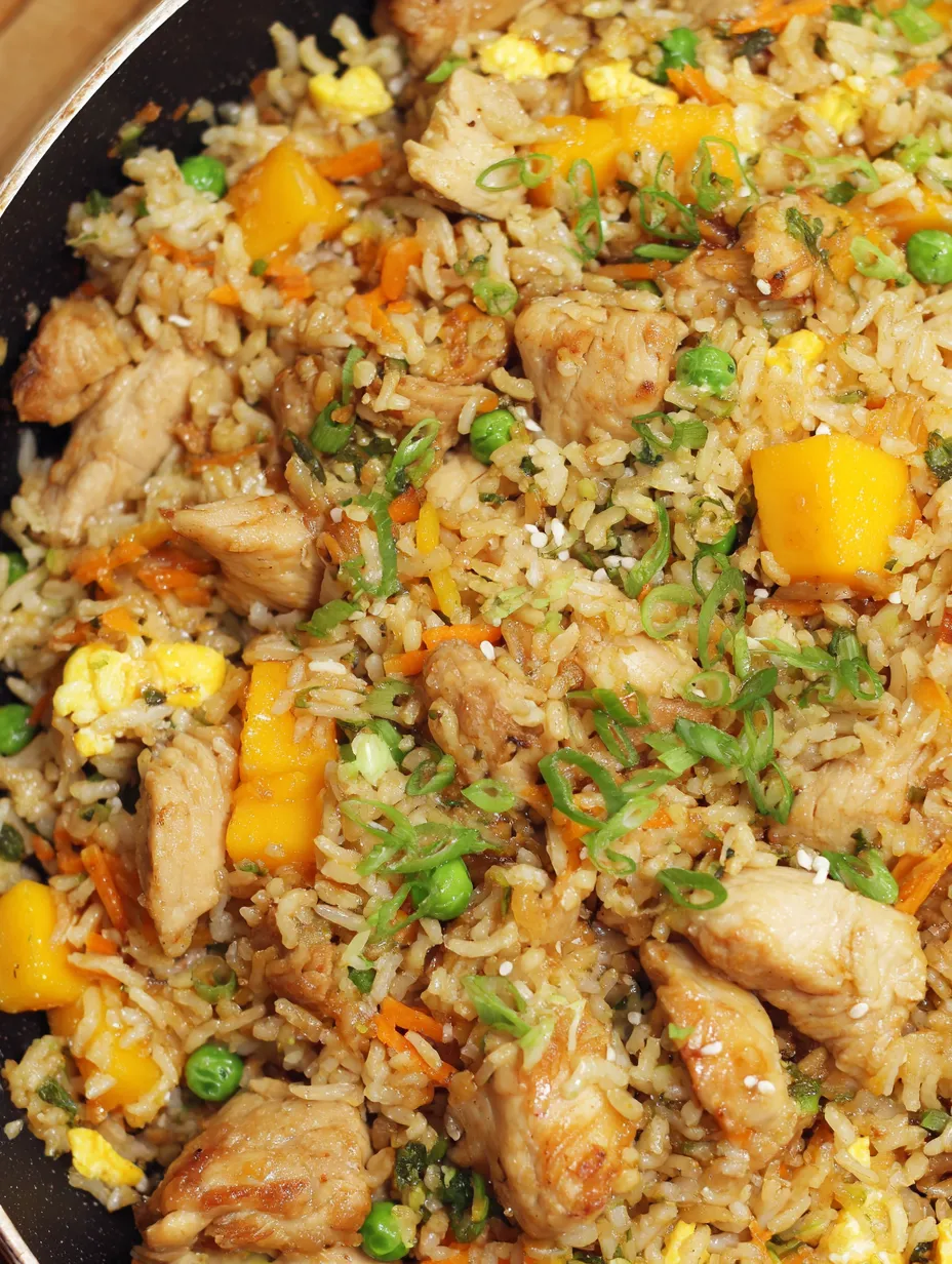 Mango chicken fried rice with peas and carrots.