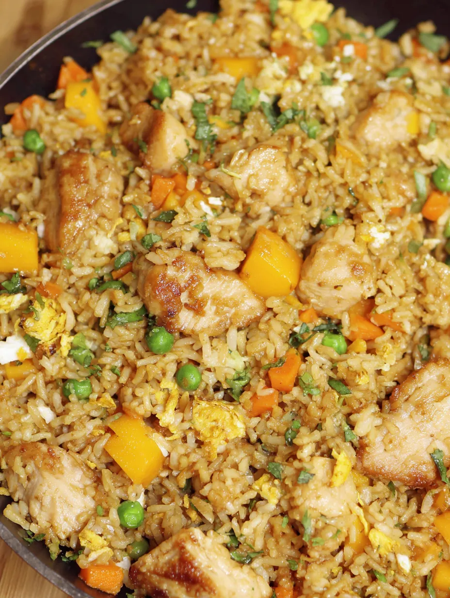 Mango chicken fried rice with peas and carrots.