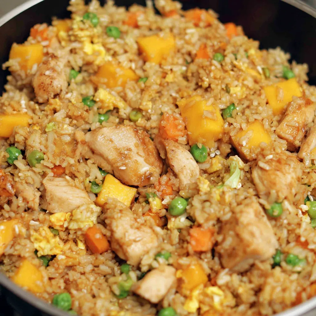 A bowl of Mango Chicken Fried Rice.
