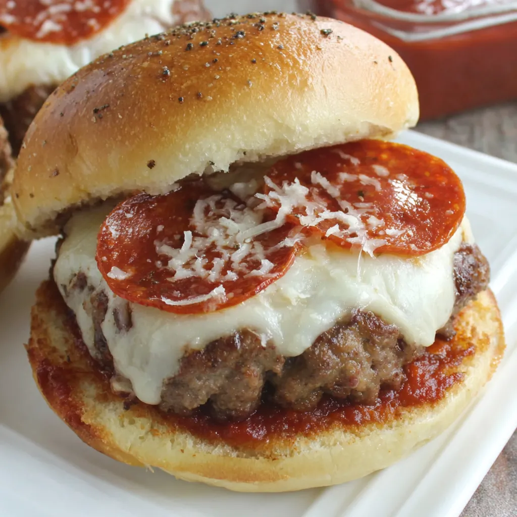 A pizza burger with pepperoni and cheese.