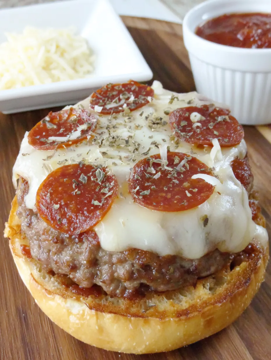 A pizza burger with pepperoni and cheese.