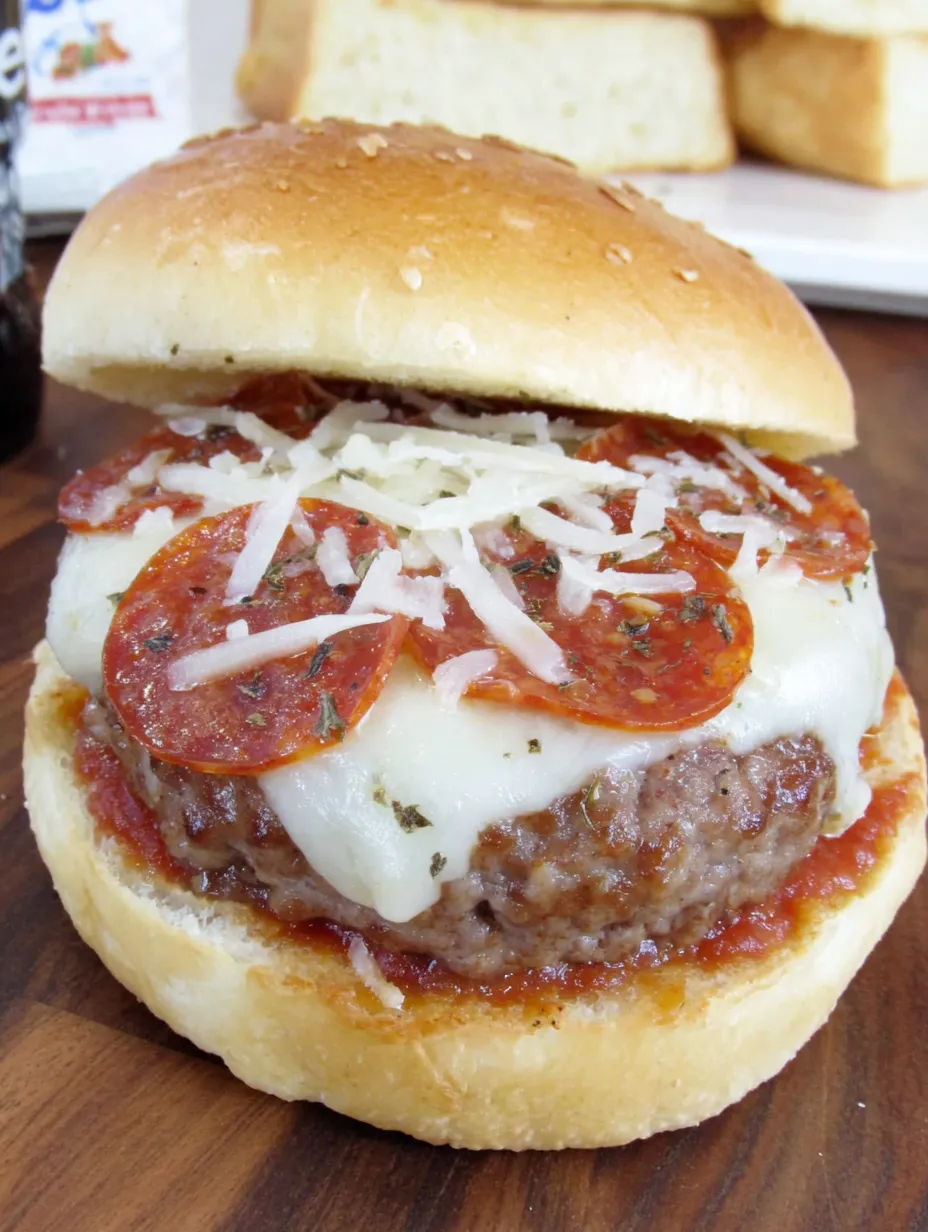 A pizza burger with pepperoni and cheese.