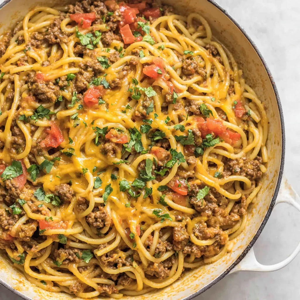 A bowl of spaghetti with meat and tomatoes.