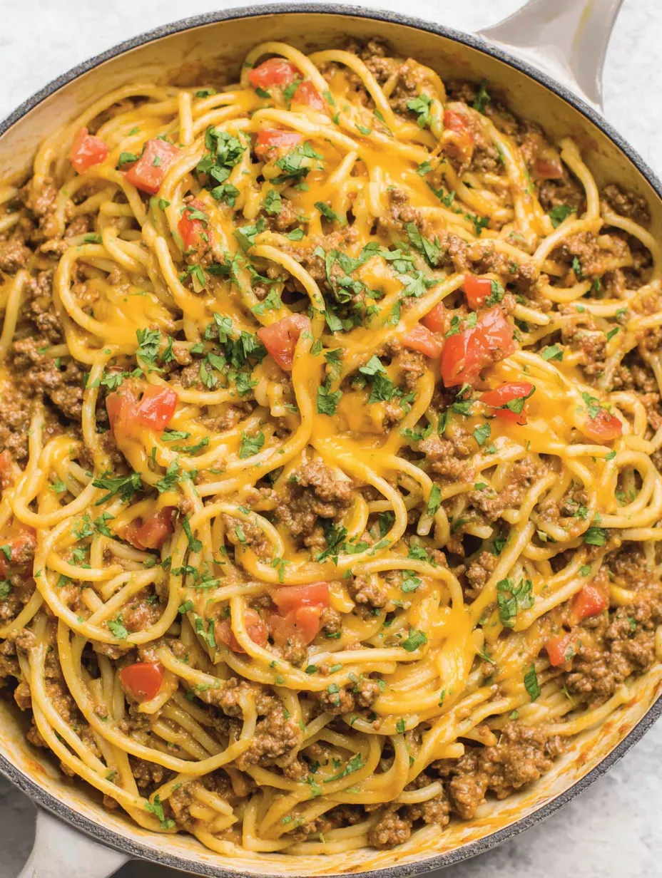 A bowl of spaghetti with meat and tomatoes.