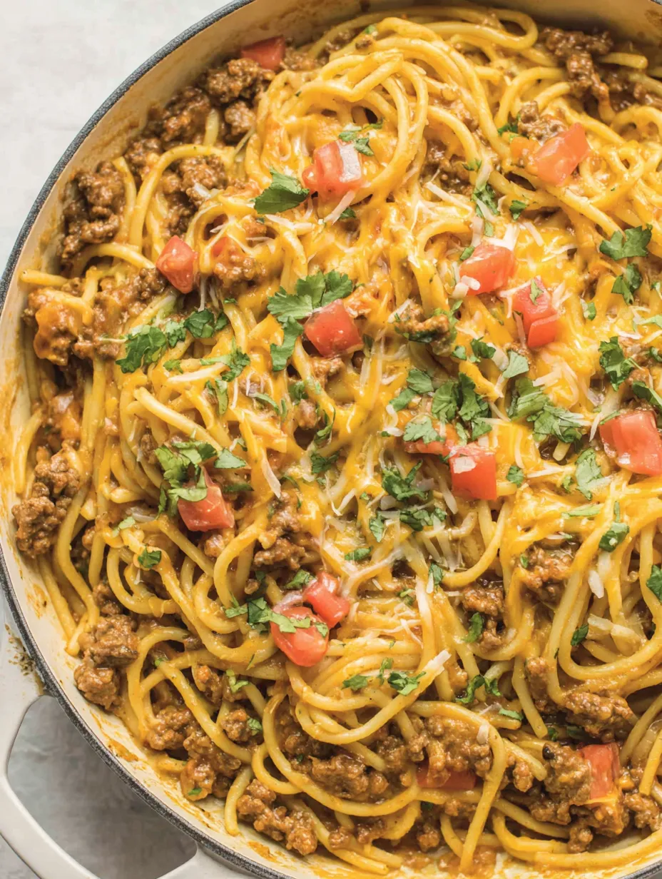 A bowl of spaghetti with meat and tomatoes.