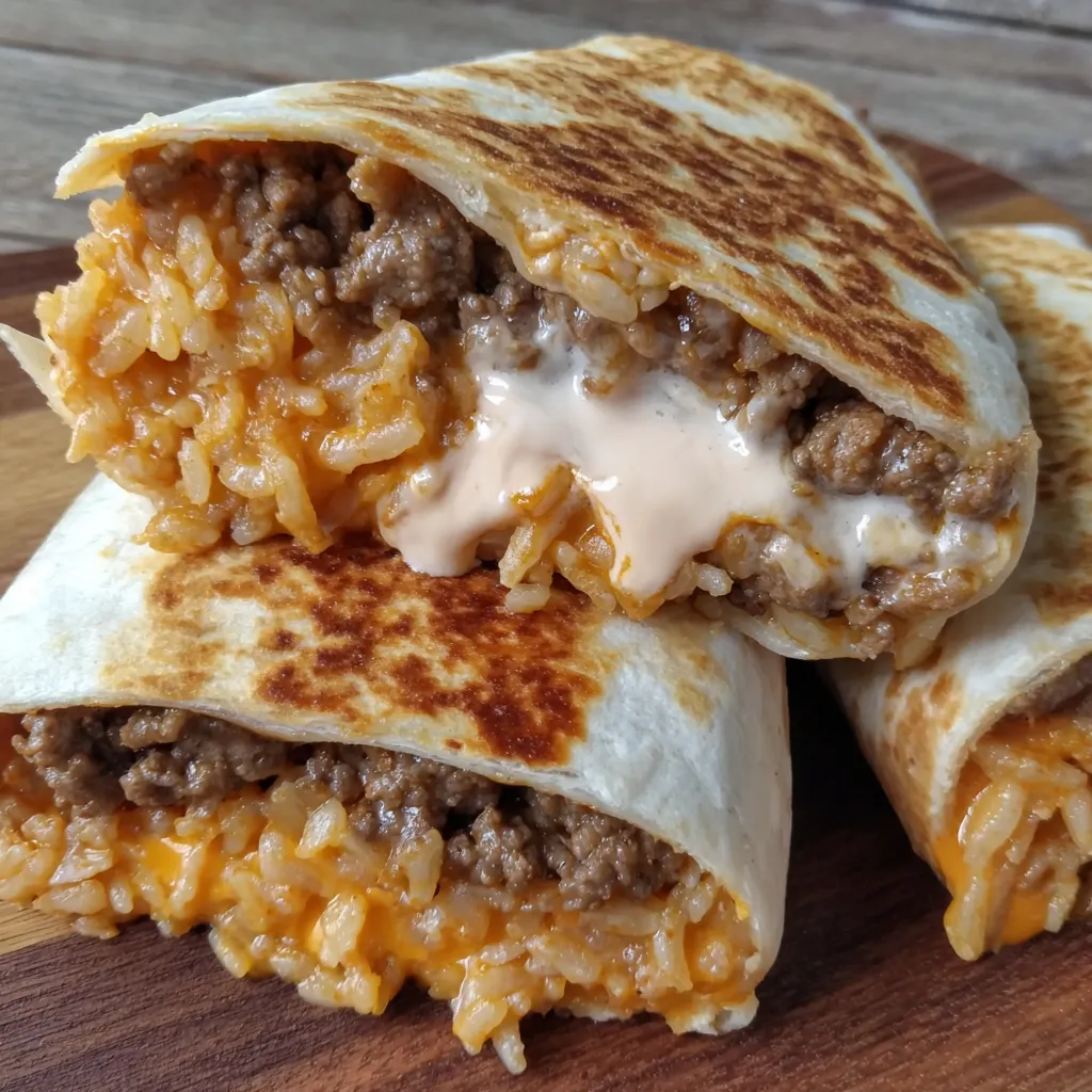 A burrito with meat and cheese on a wooden table.