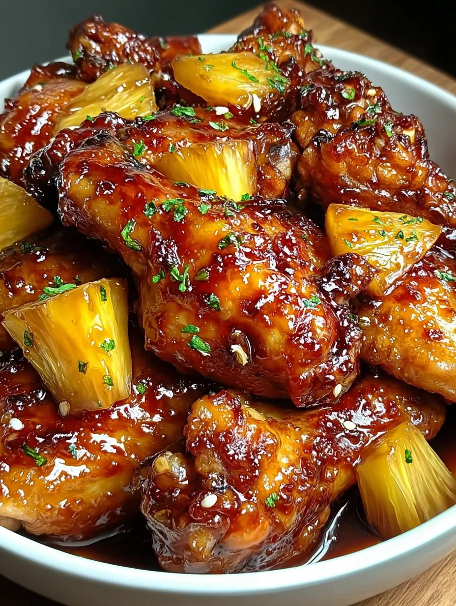 A bowl of chicken wings with brown sugar and pineapple.