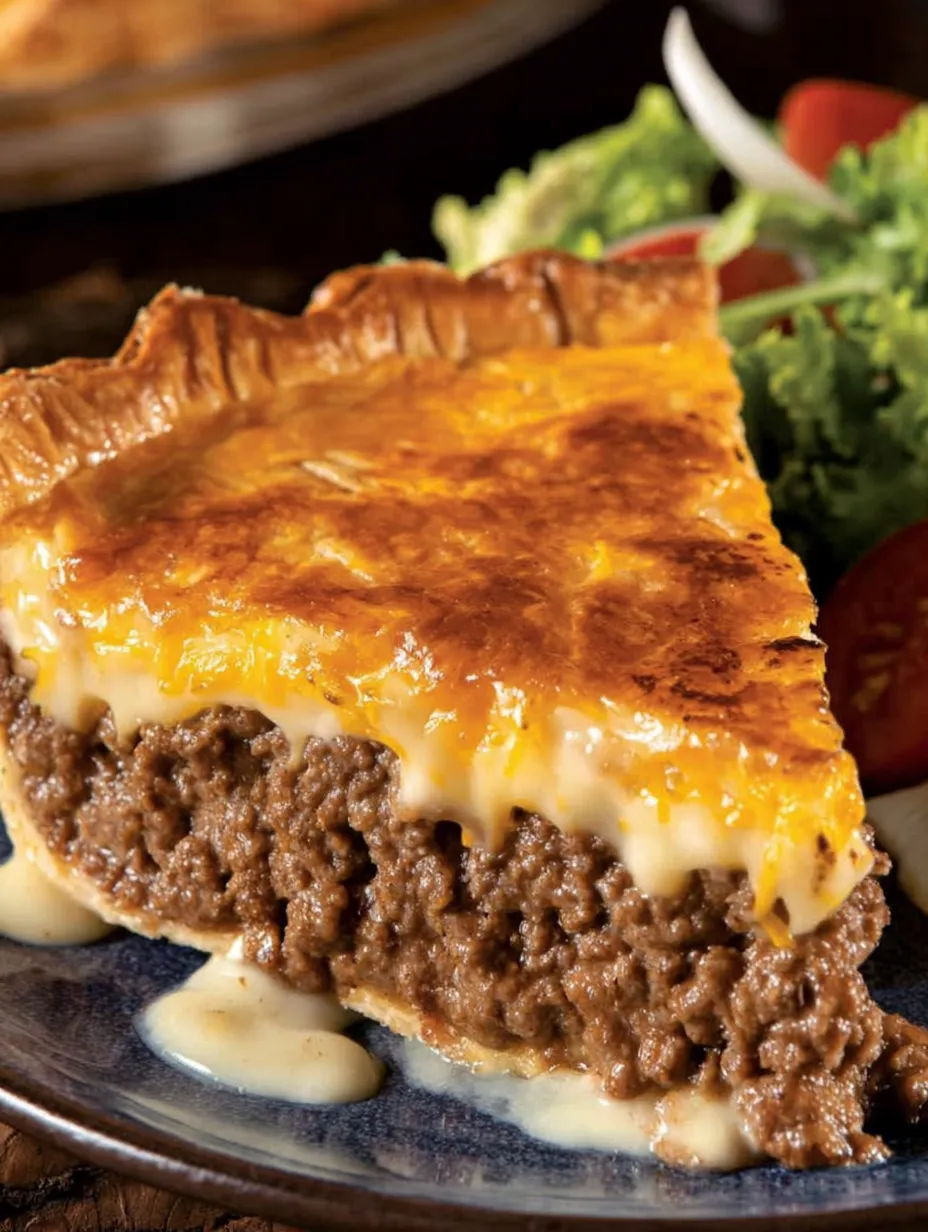 A slice of cheeseburger pie on a plate.