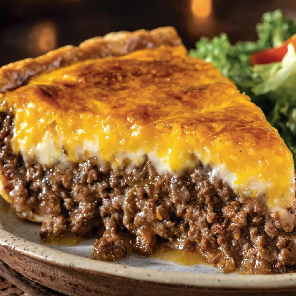 A slice of cheeseburger pie on a plate.