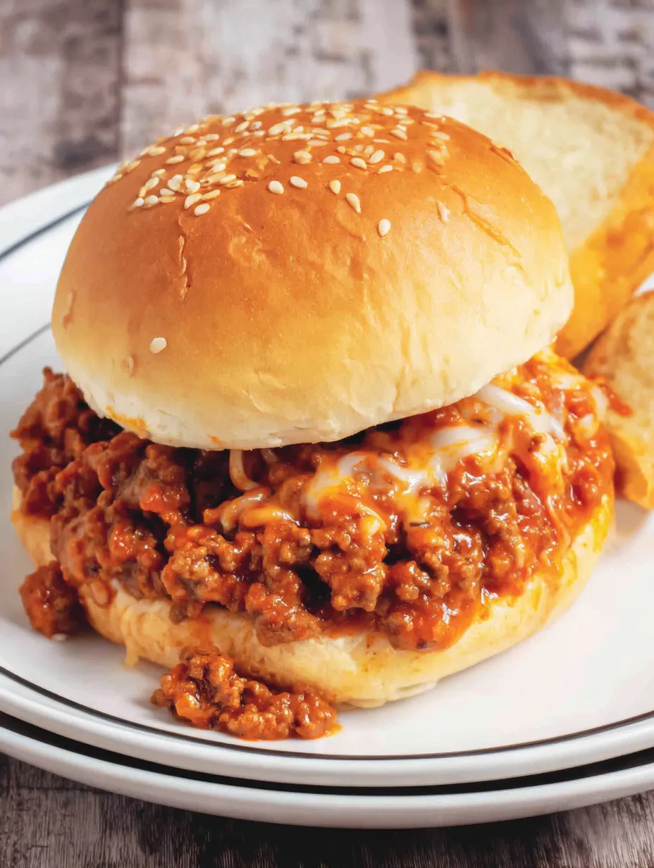 A cheesy spaghetti sloppy joes sandwich.