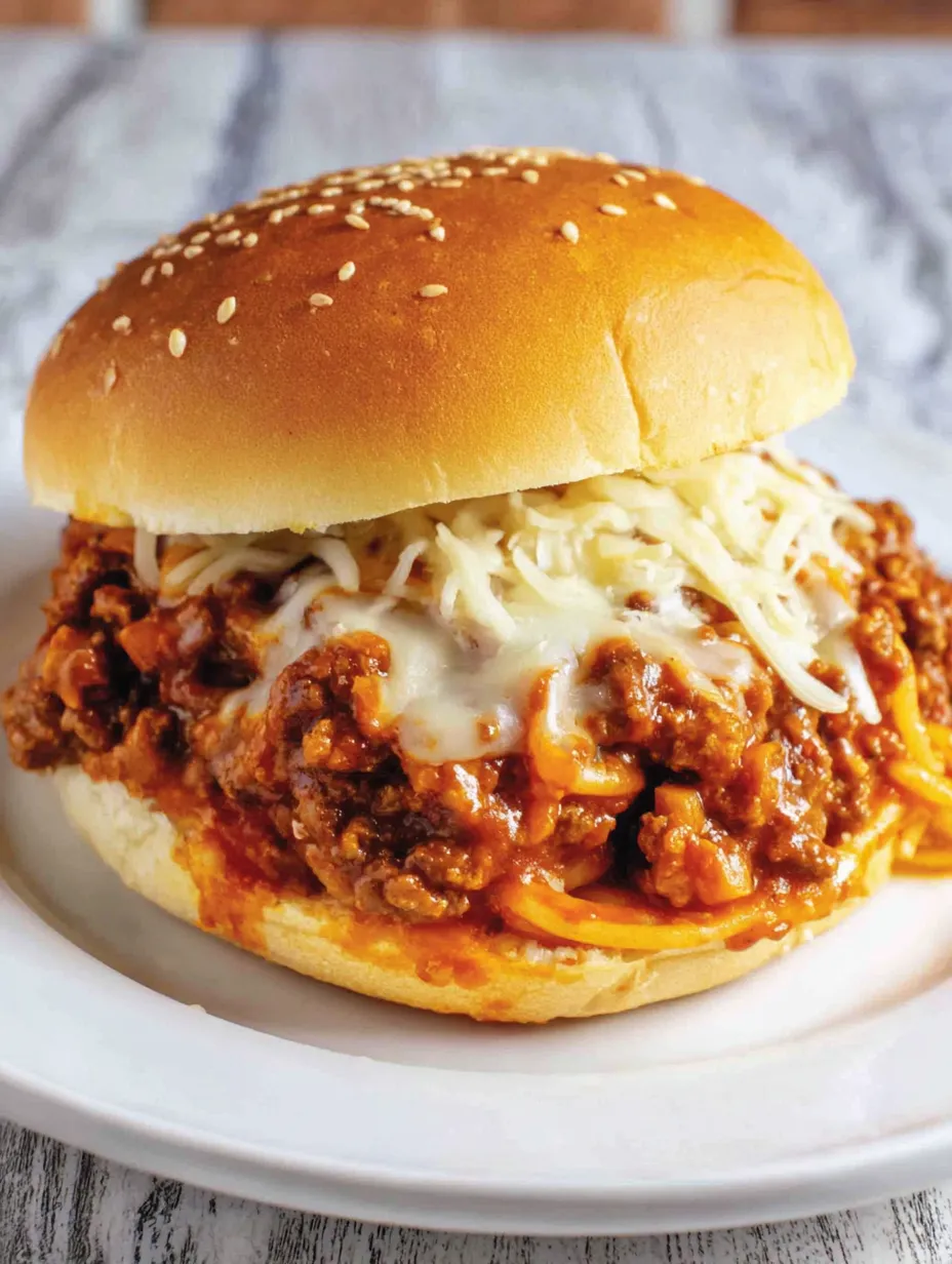A cheesy spaghetti sloppy joes sandwich.