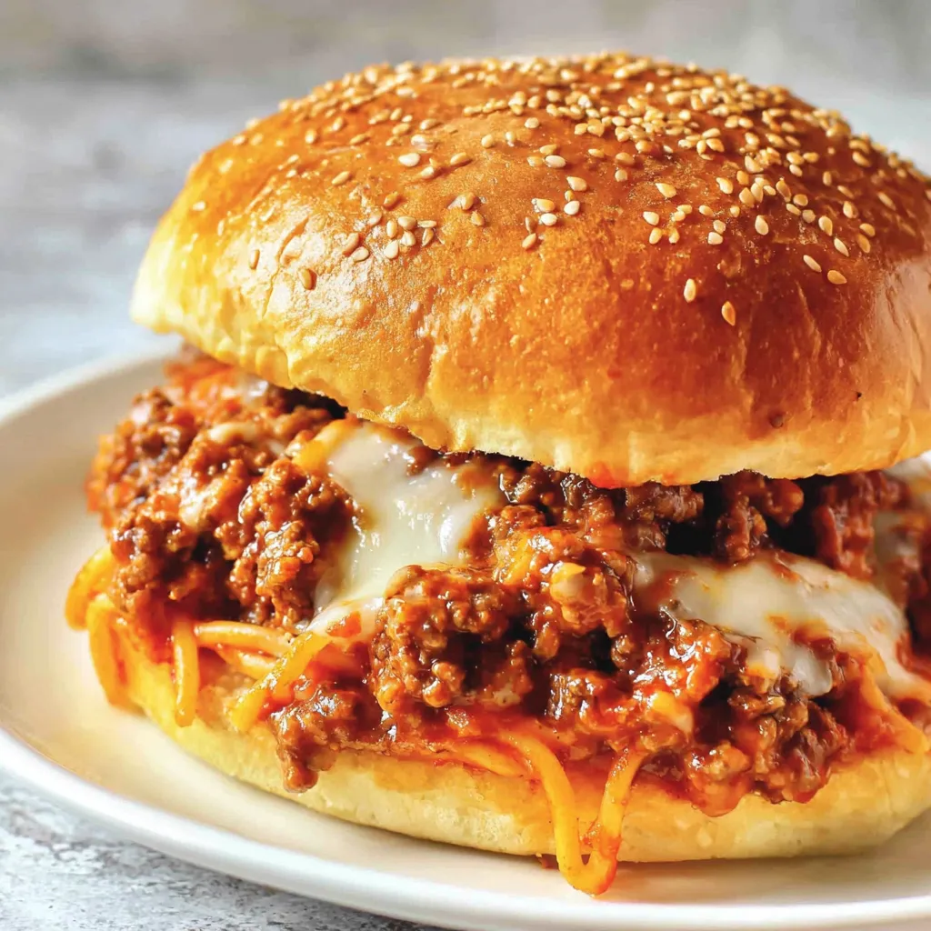 A cheesy spaghetti sloppy joe sandwich.