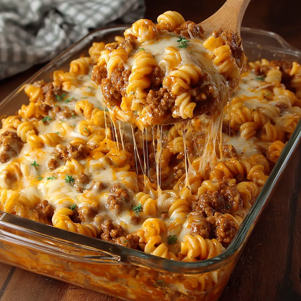 A cheesy hamburger casserole being served in a glass dish.