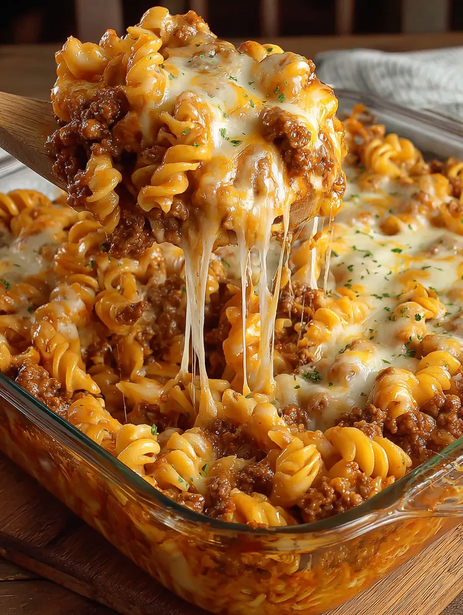 A cheesy hamburger casserole with pasta and meat.