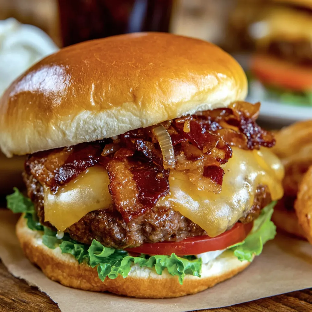 A cheeseburger with bacon and tomato on a bun.