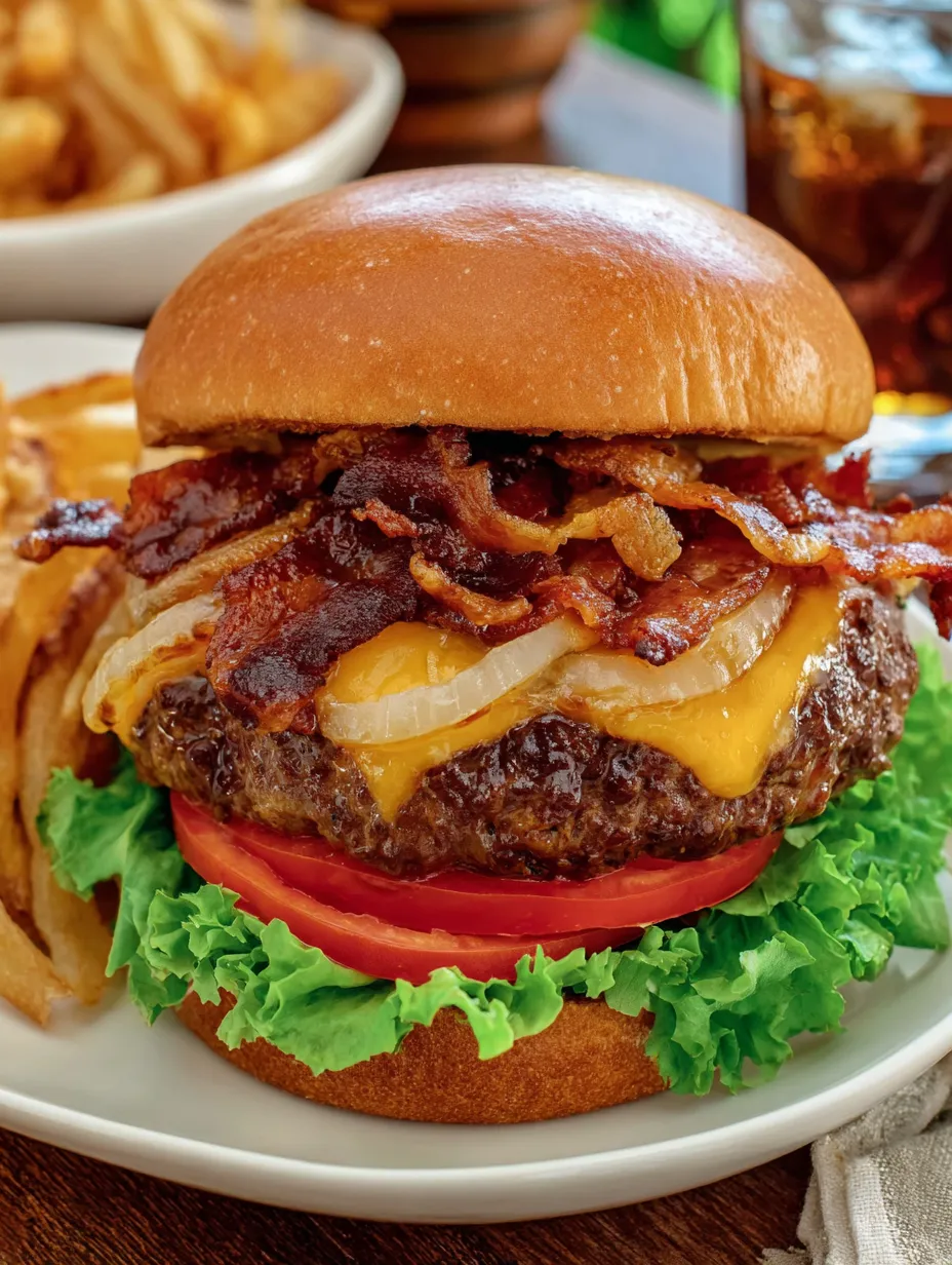 A cheeseburger with bacon and onions.
