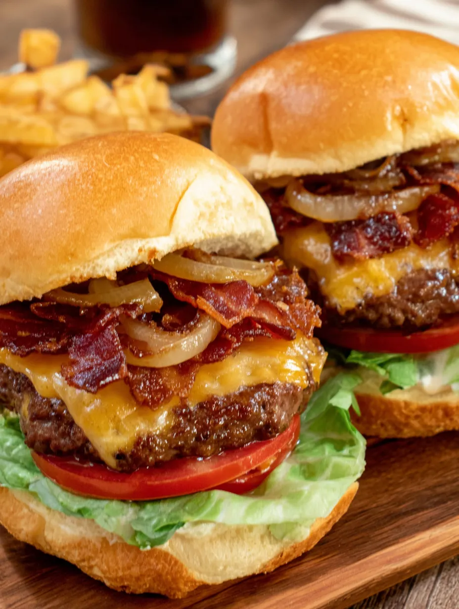 Two bacon cheeseburgers with Coca Cola onions.