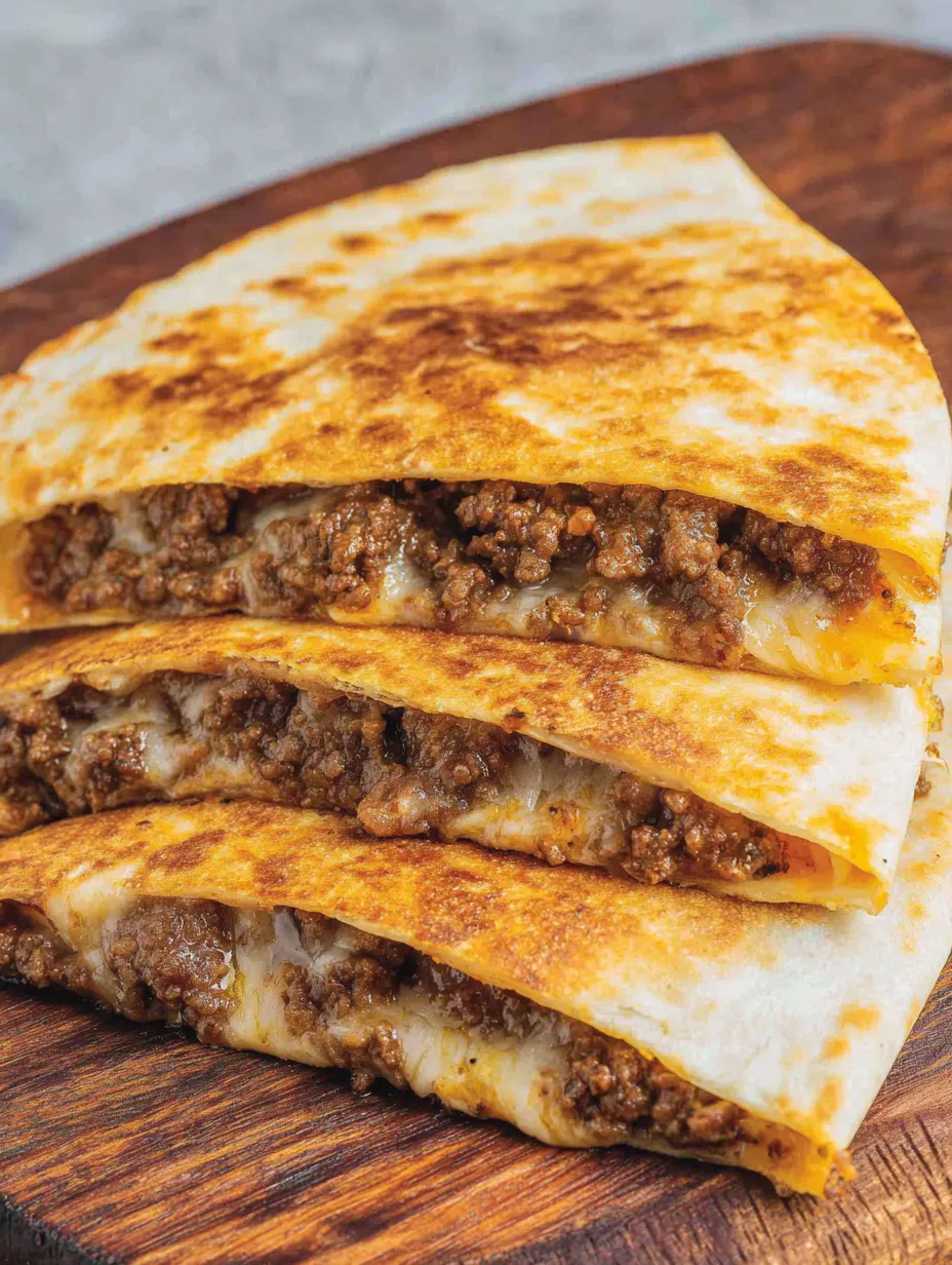 A stack of quesadillas with ground beef inside.