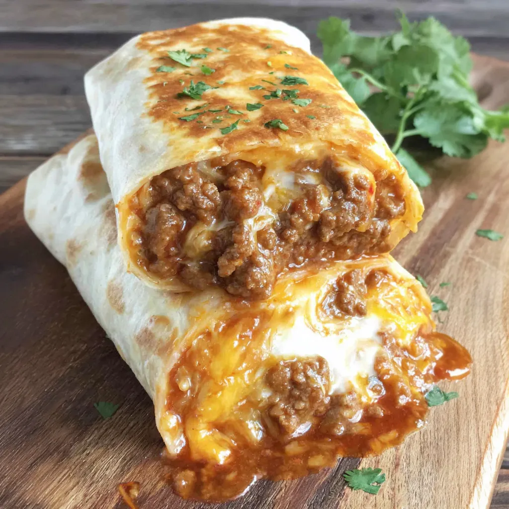 A burrito with chili and cheese.