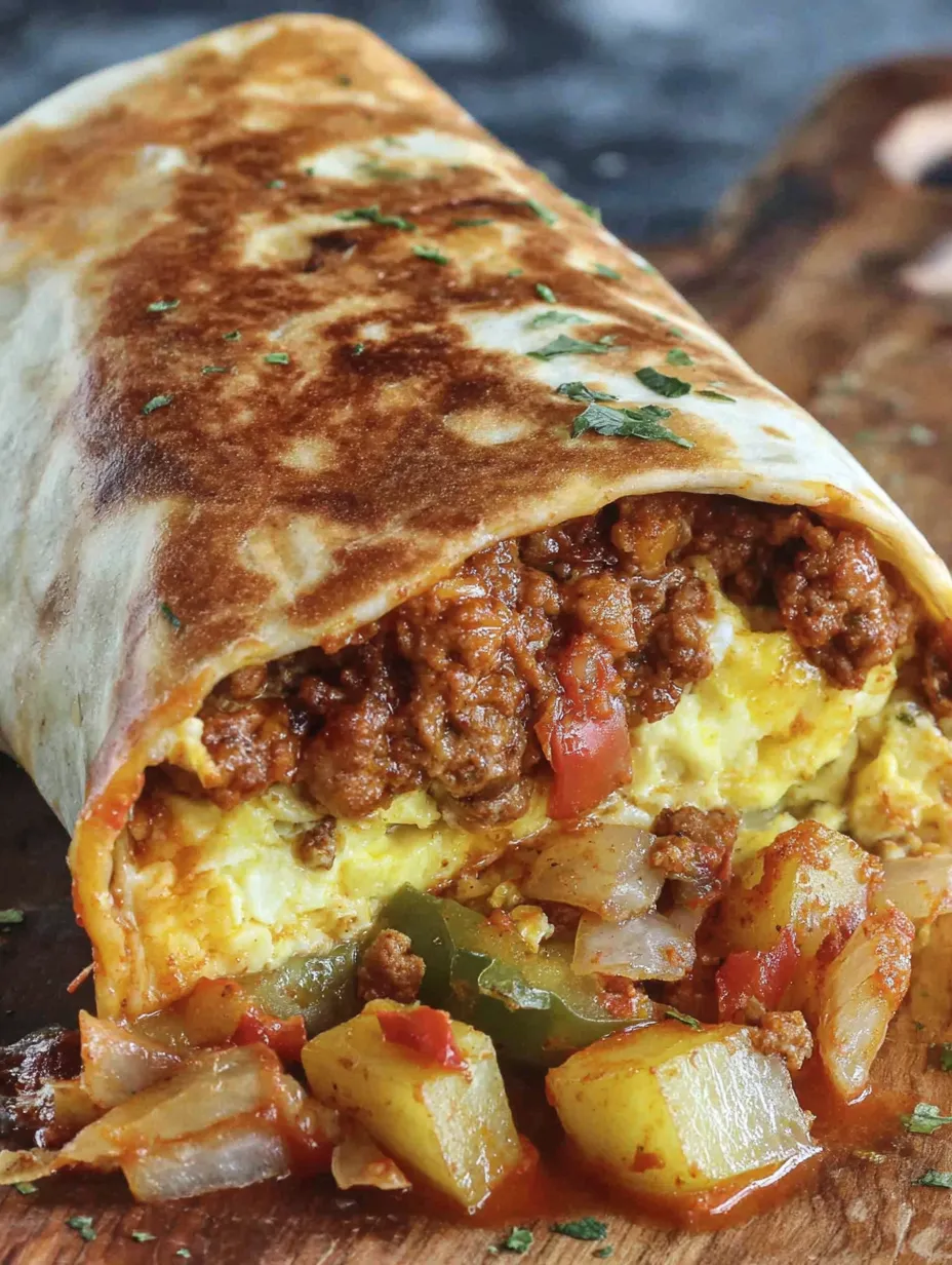 A chorizo breakfast burrito is wrapped in a tortilla.