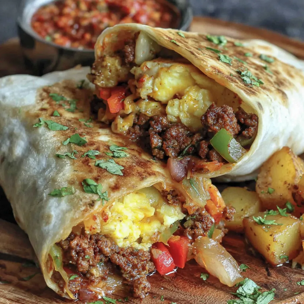 A chorizo breakfast burrito with a side of salsa.