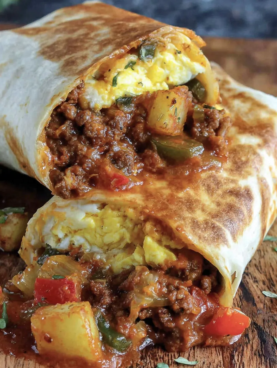 A chorizo breakfast burrito with eggs, potatoes, and peppers.