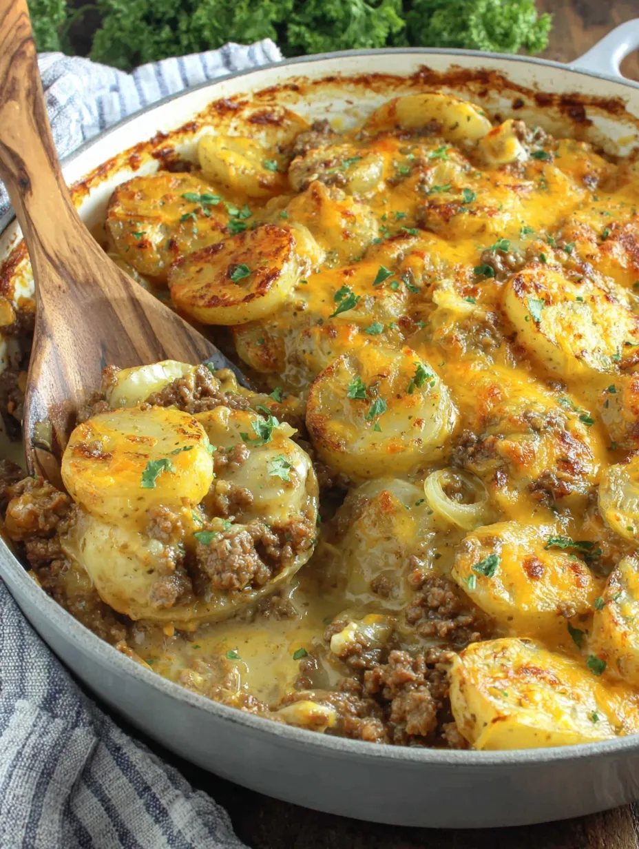 A cheesy hamburger potato casserole in a pan.