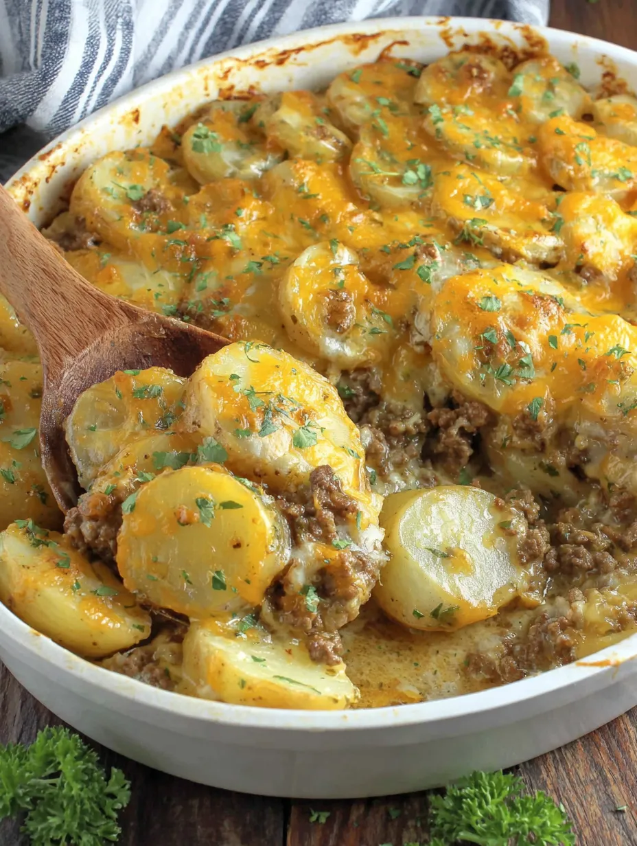 A cheesy hamburger potato casserole in a white bowl.