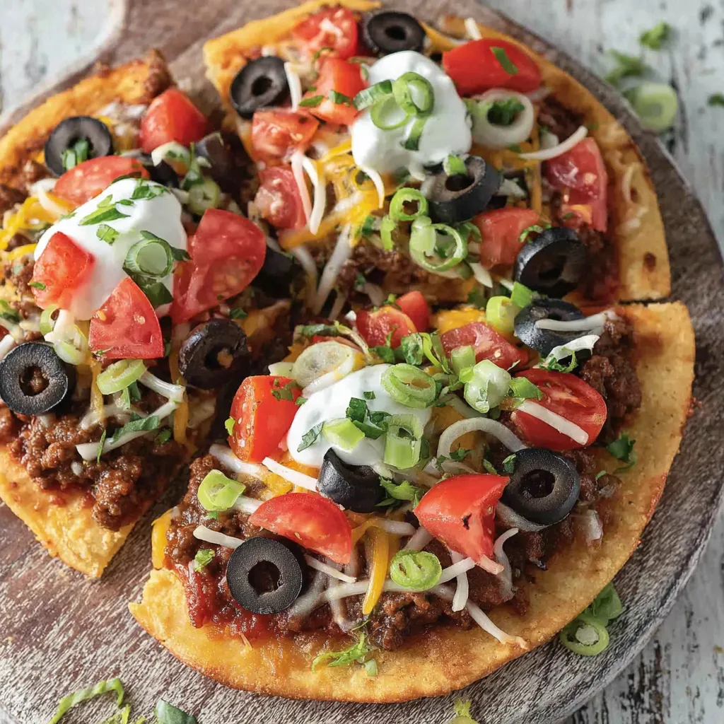A slice of Mexican pizza with tomatoes, olives, and cheese.