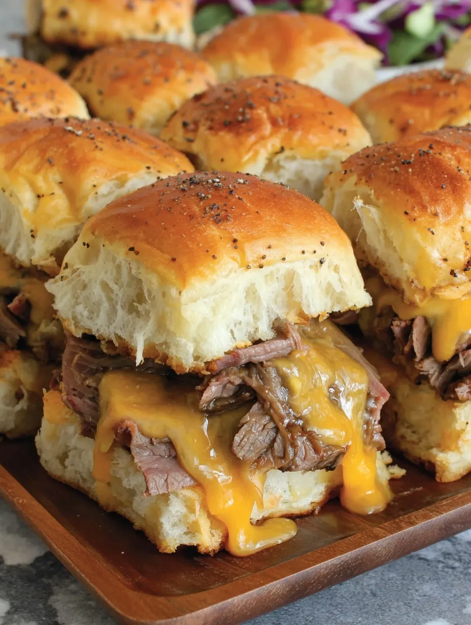 A plate of roast beef and cheddar sliders.