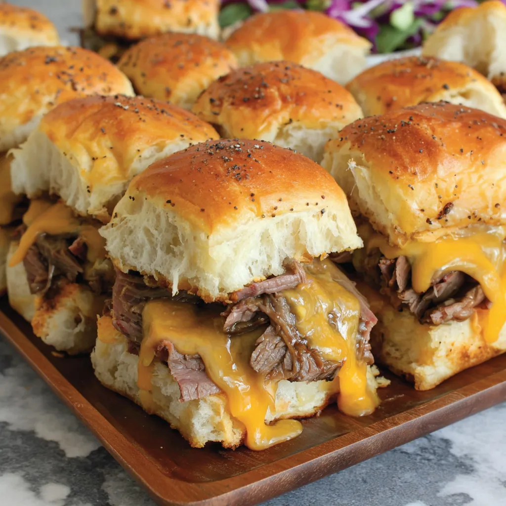 A tray of roast beef and cheddar sliders.