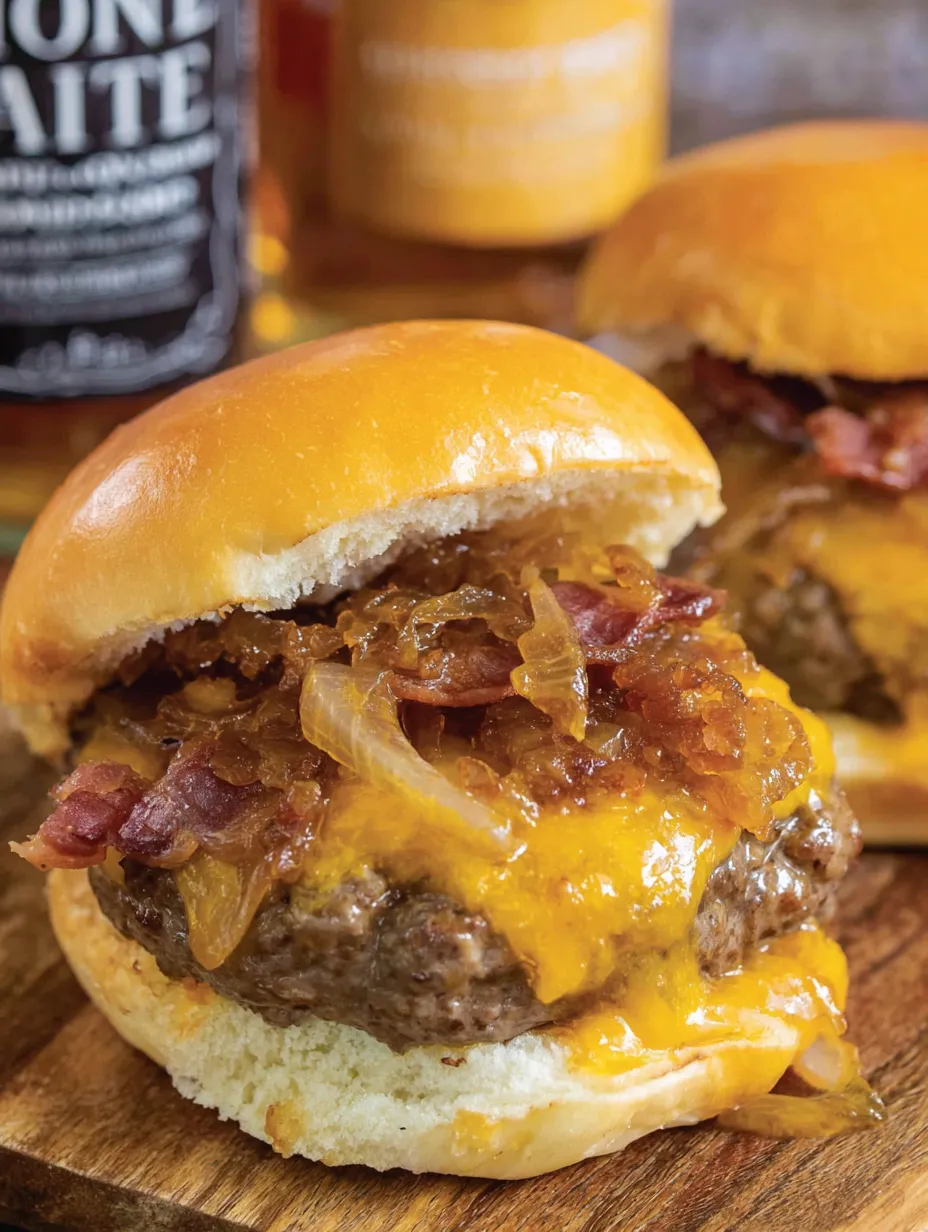 A close up of a bourbon bacon cheeseburger.