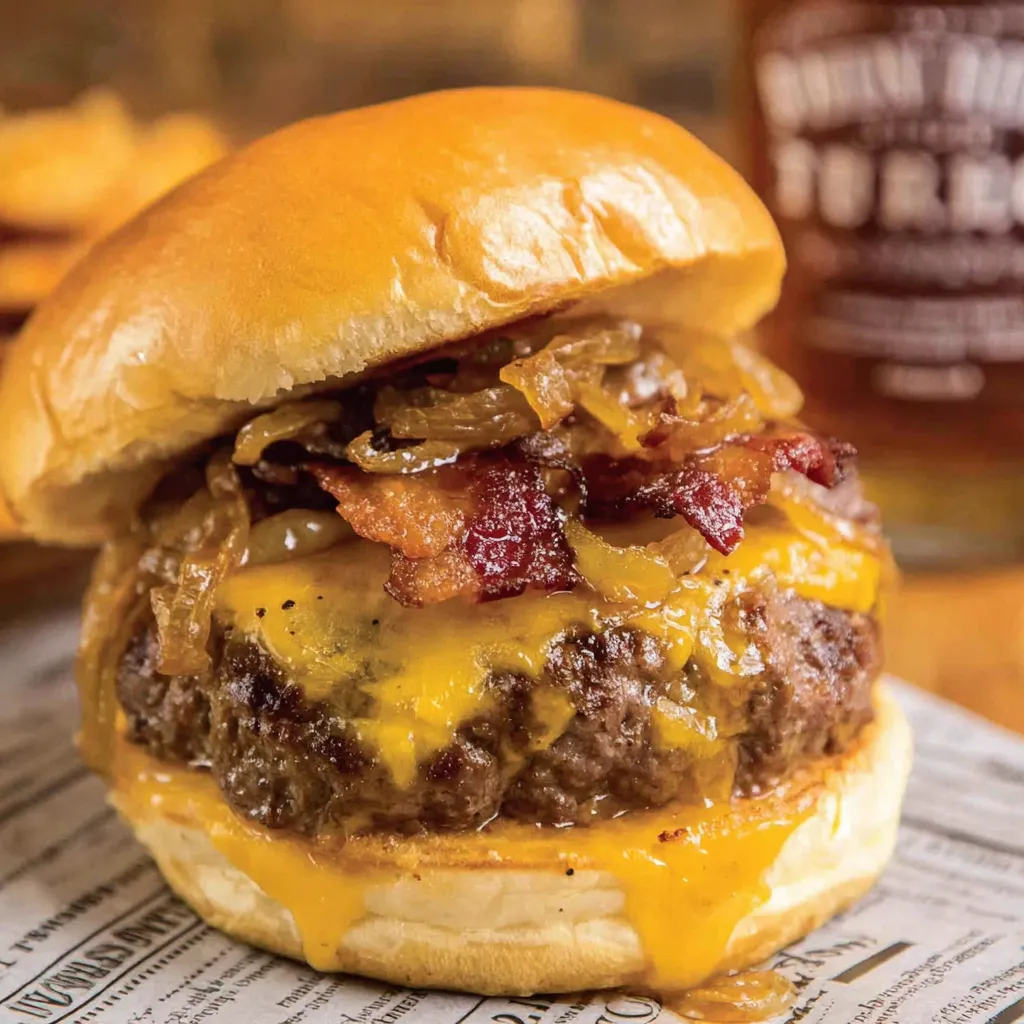 A close up of a bourbon bacon cheeseburger.