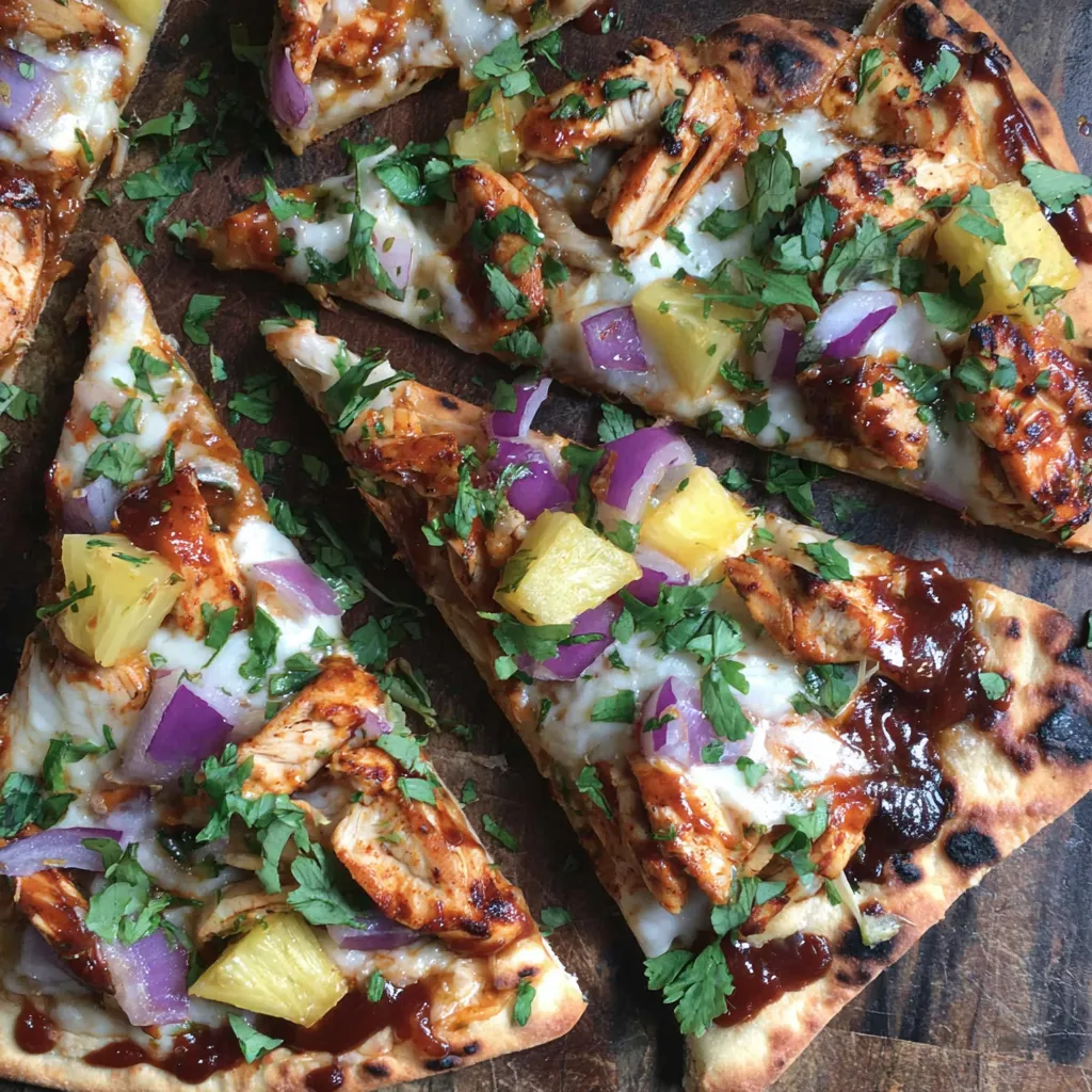 A pizza with chicken and pineapple toppings.
