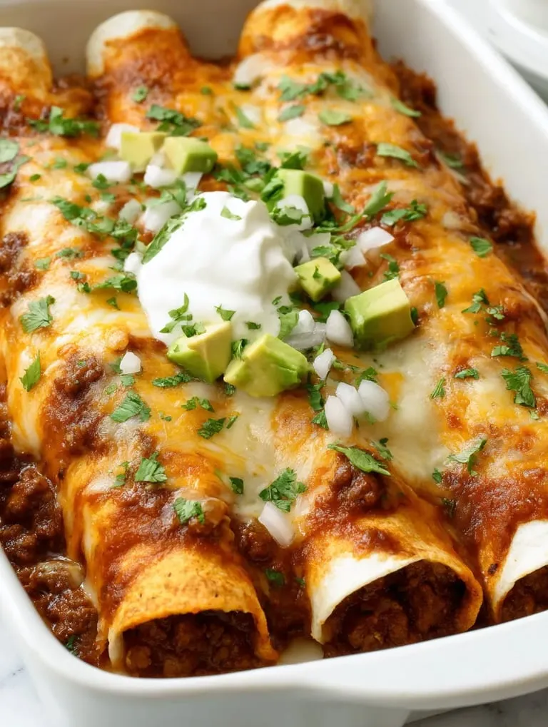A plate of beef enchiladas with white cheese and green onions.