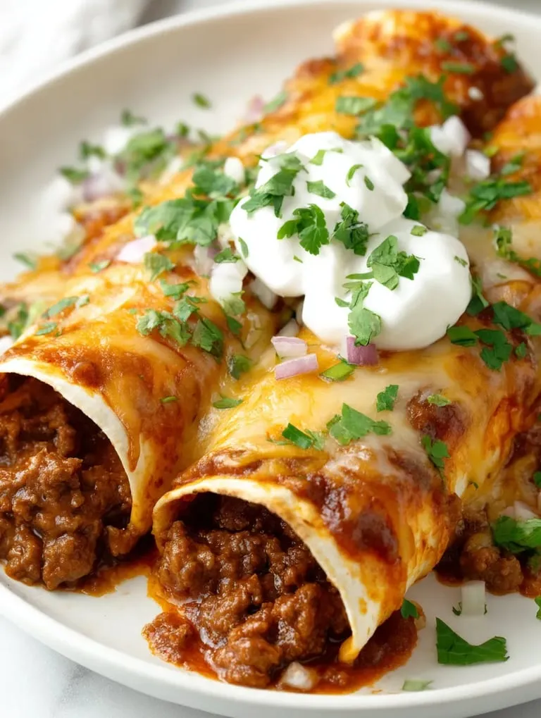 A plate of beef enchiladas with white cheese and green onions.