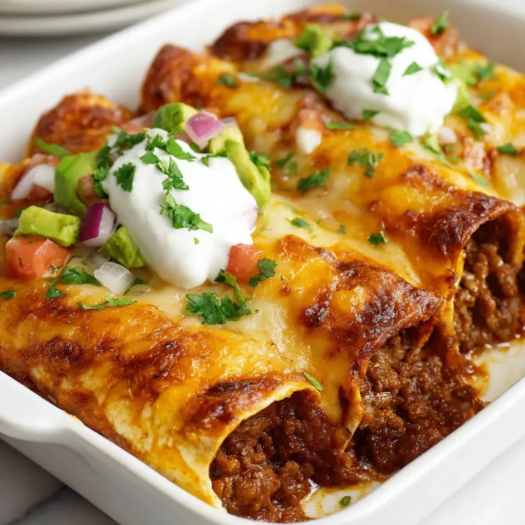 A dish of beef enchiladas with white cheese and sour cream.