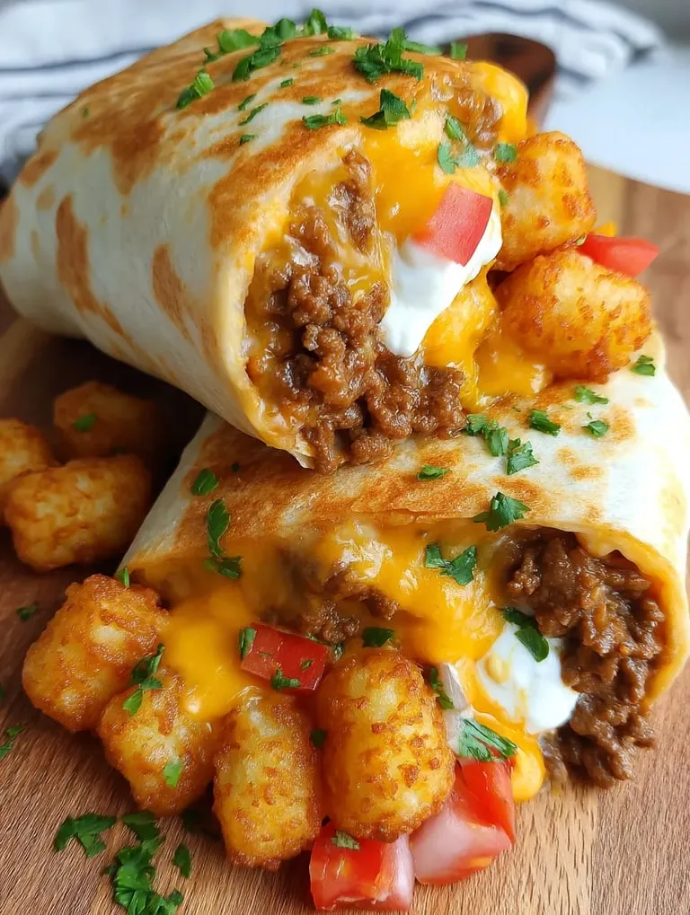 Two cheesy potato burritos on a table.