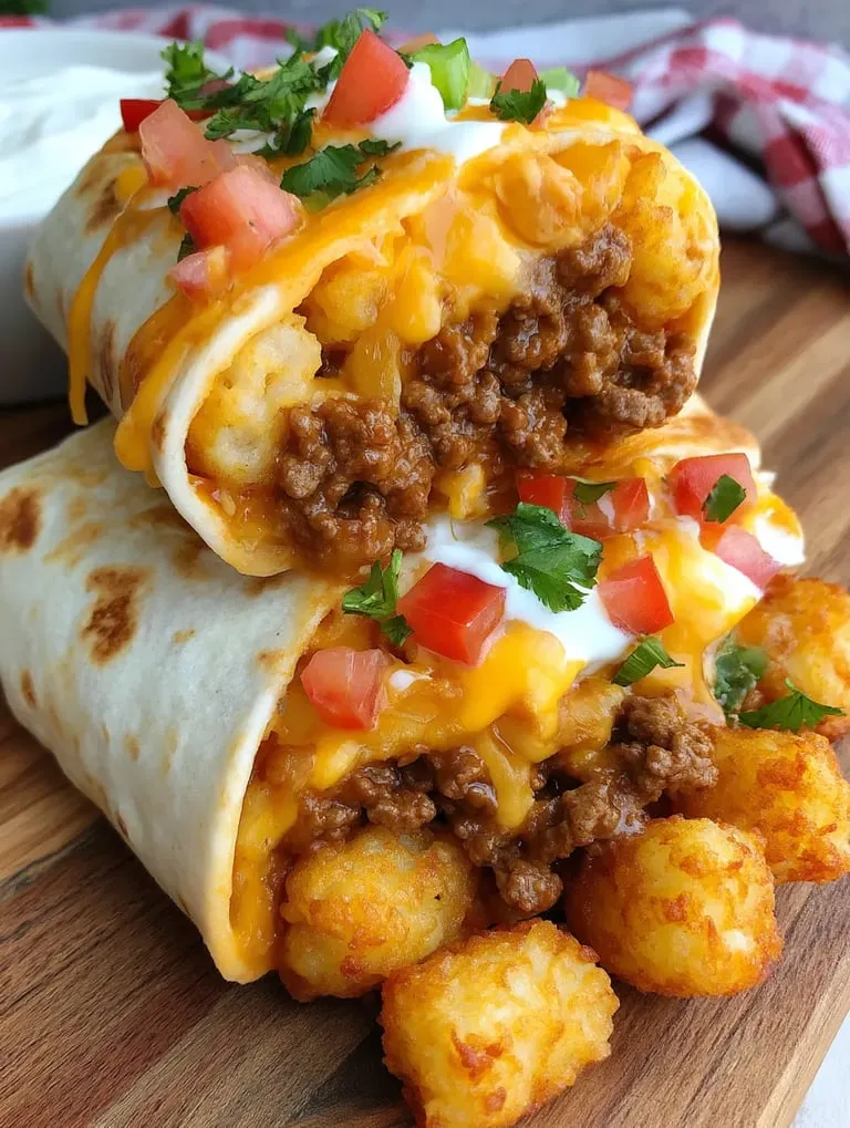 A cheesy potato burrito on a table.