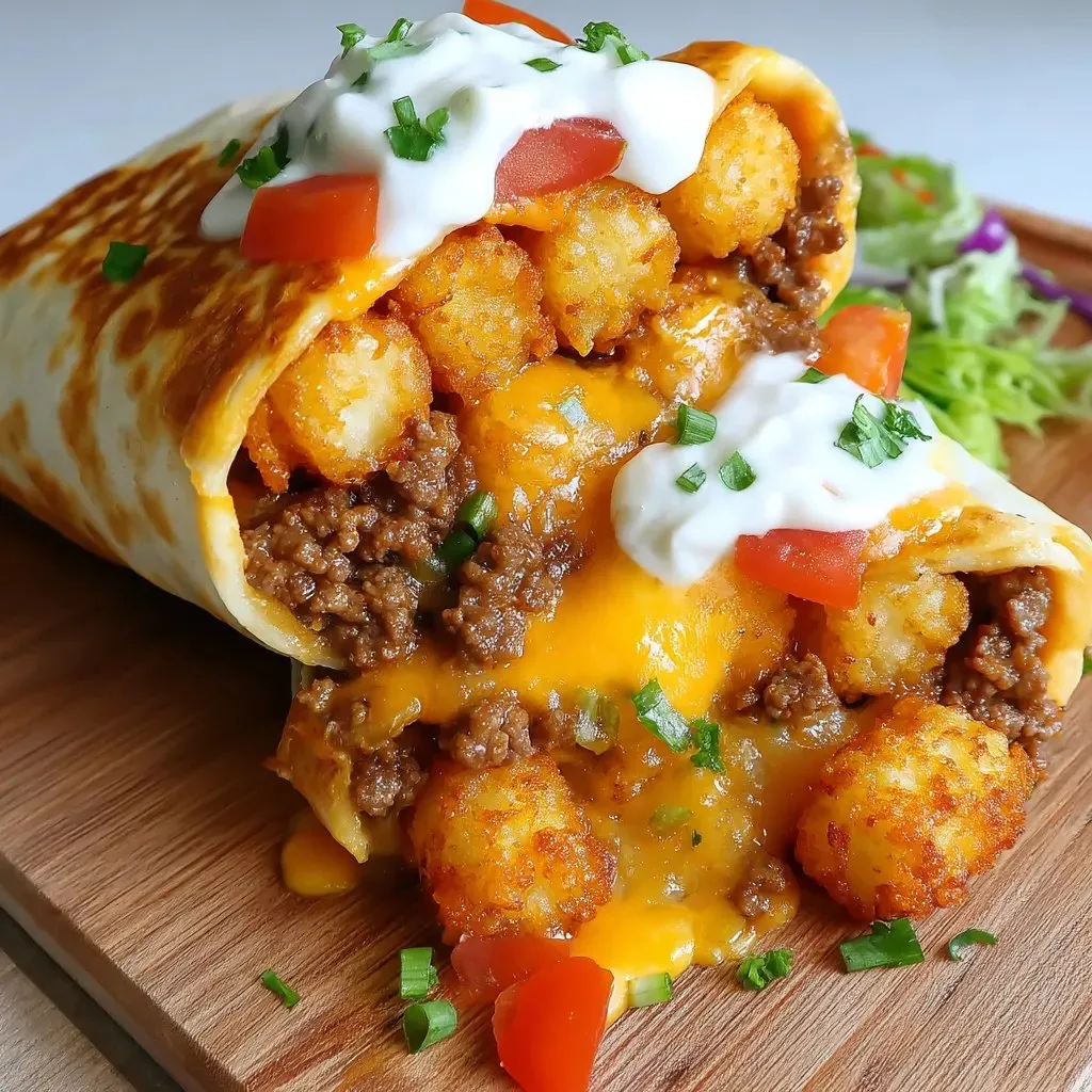 A cheesy potato burrito on a wooden table.
