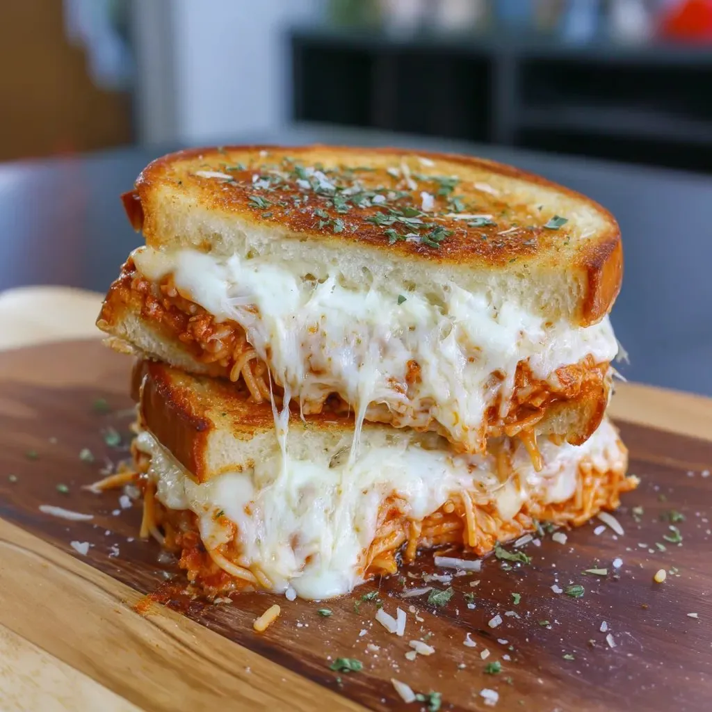 A grilled cheese sandwich with meat and cheese on top.
