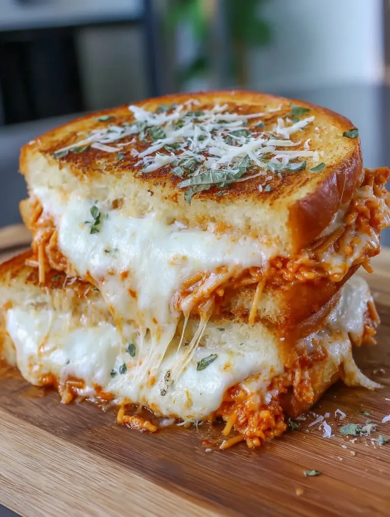 A grilled cheese sandwich with meat sauce on top.